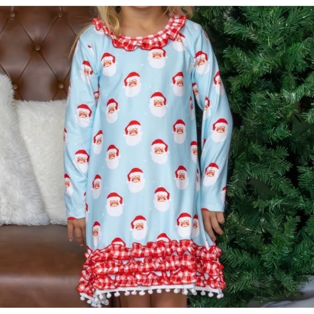 Sugar‎ Bee Kids Santa Christmas Pajama Gown Blue Red Gingham Bloomers Ruffles 12